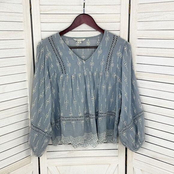 American Eagle Eyelet Embroidered Peasant Blouse Blue White XS Cropped - Picture 9 of 14
